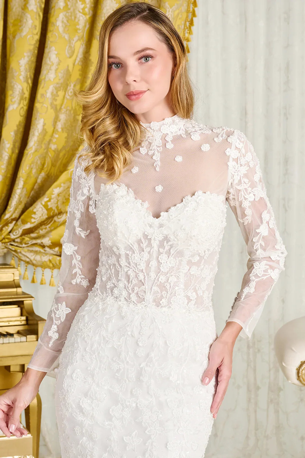 Wedding Dress With Trumpet Cut, Detachable Sheer High Neck Top And Long Sleeves