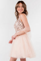 Glitter Embellished Bodice V-Neck Tulle Short Dress