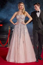 Blush Pink |  Navy Blue Strapless Embroidered Tulle Ball Gown