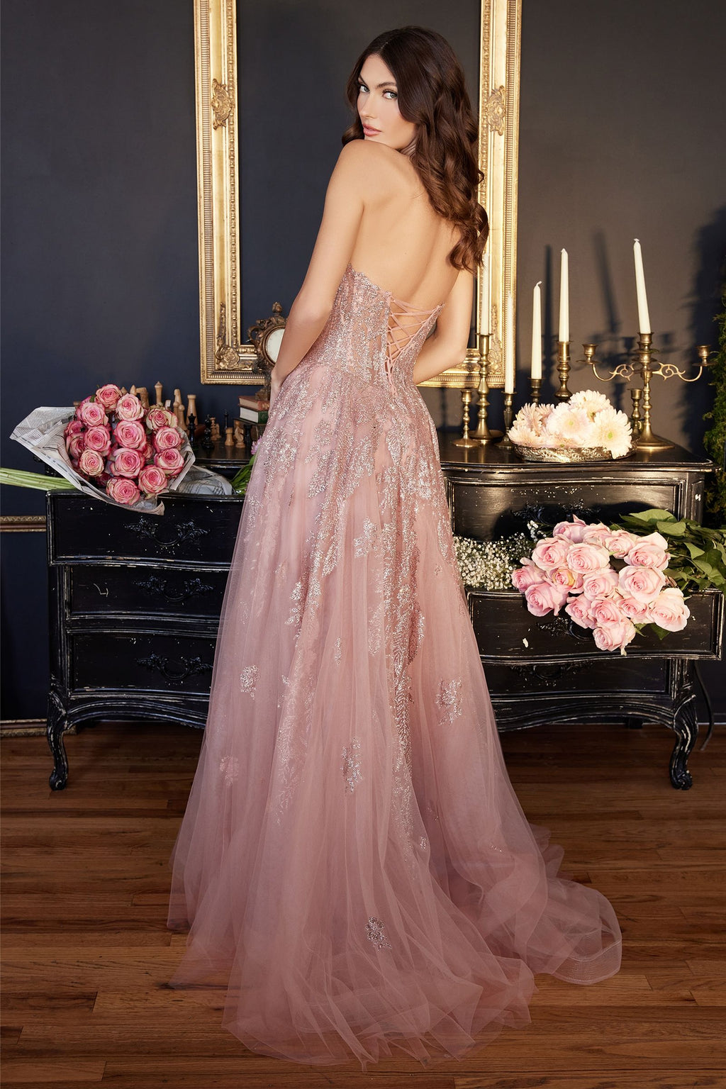 Blush Pink |  Navy Blue Strapless Embroidered Tulle Ball Gown