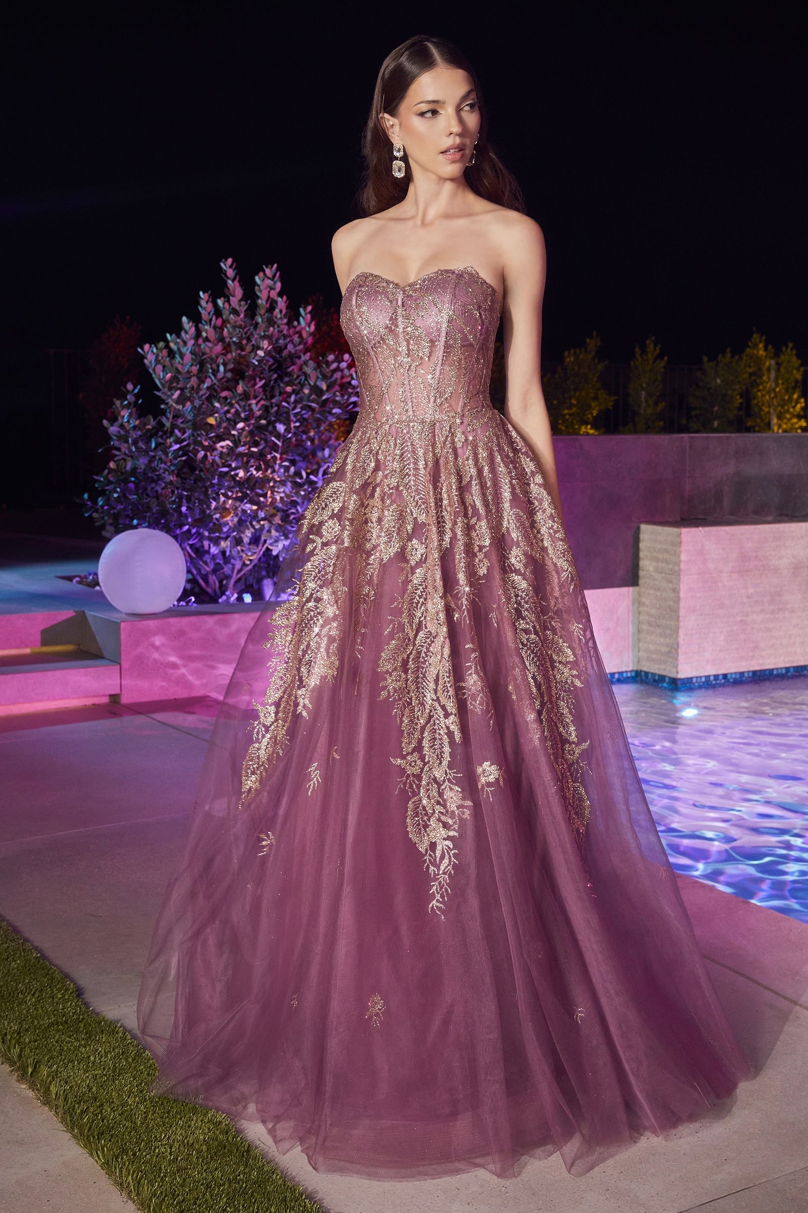 Blush Pink |  Navy Blue Strapless Embroidered Tulle Ball Gown