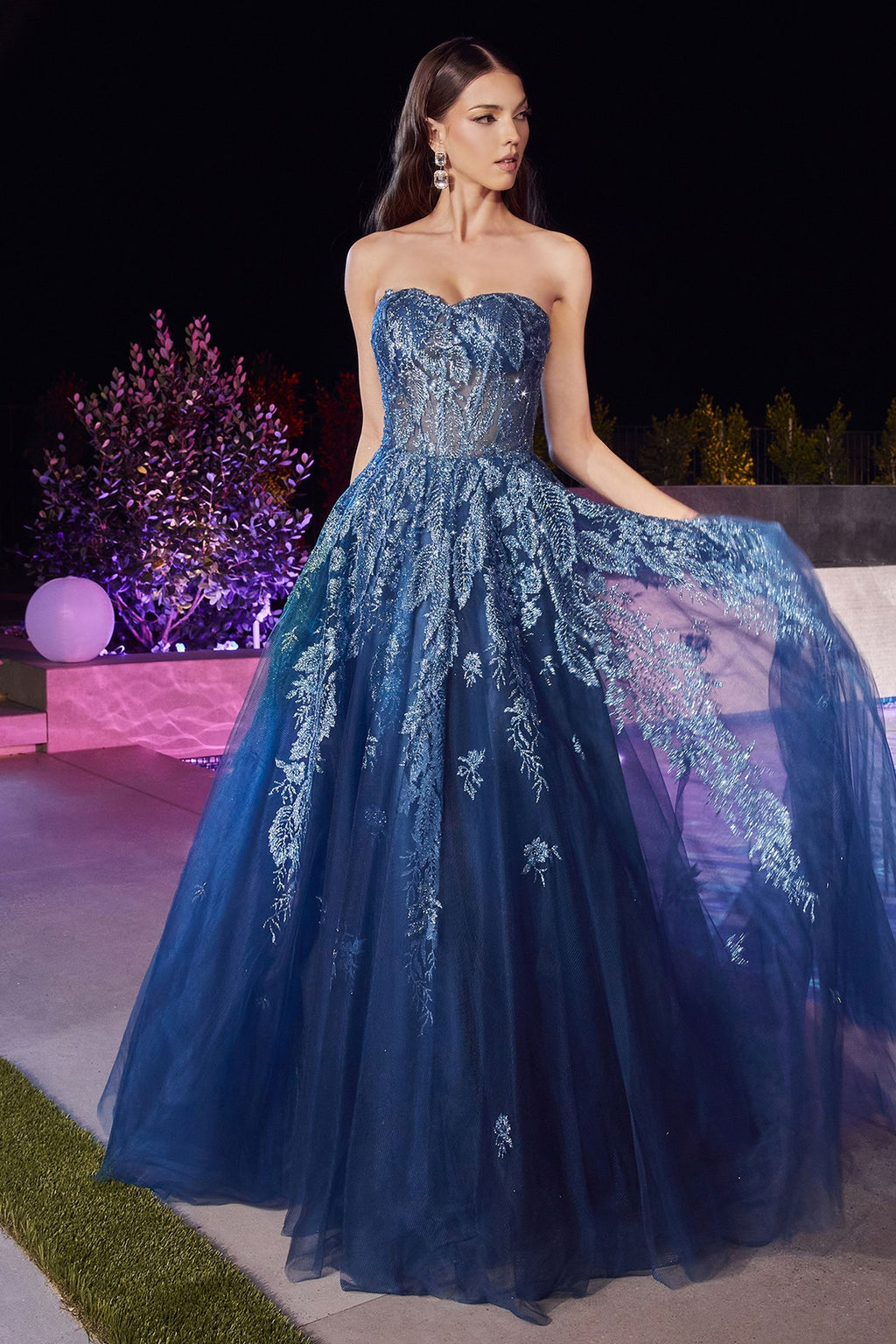 Blush Pink |  Navy Blue Strapless Embroidered Tulle Ball Gown