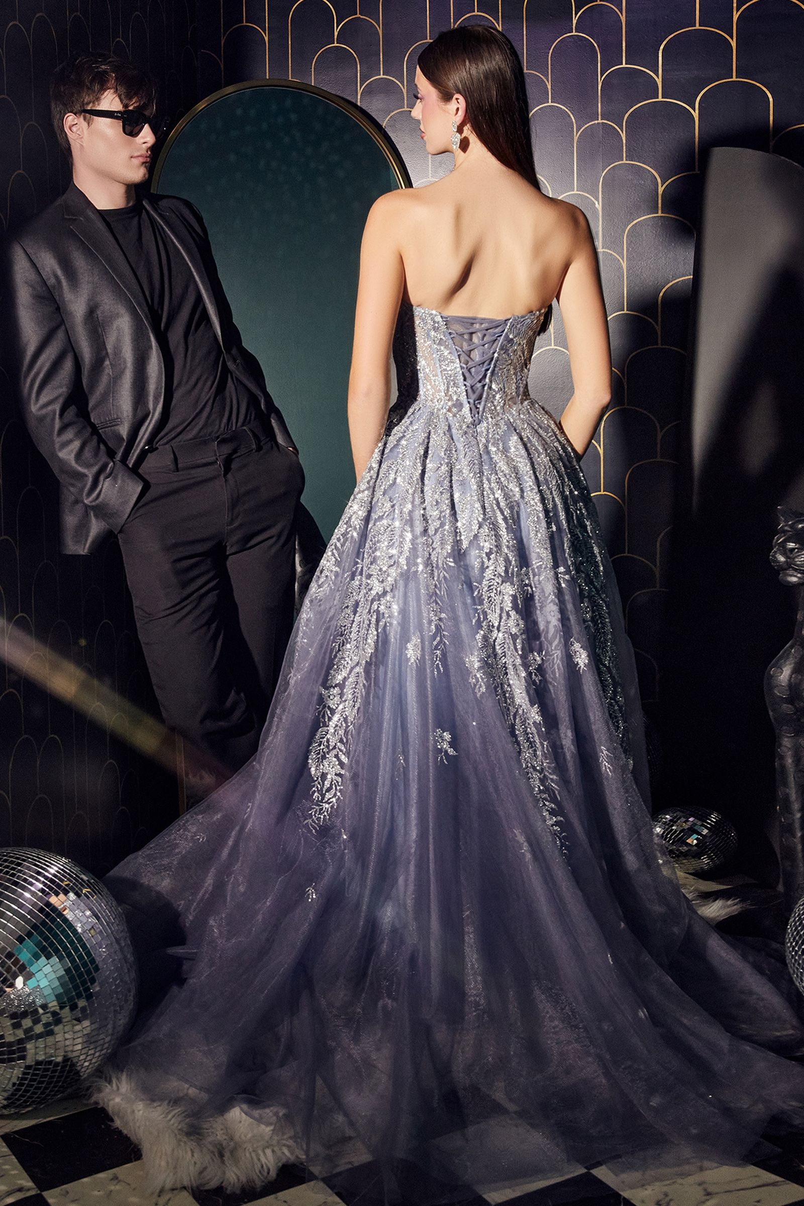 Blush Pink |  Navy Blue Strapless Embroidered Tulle Ball Gown
