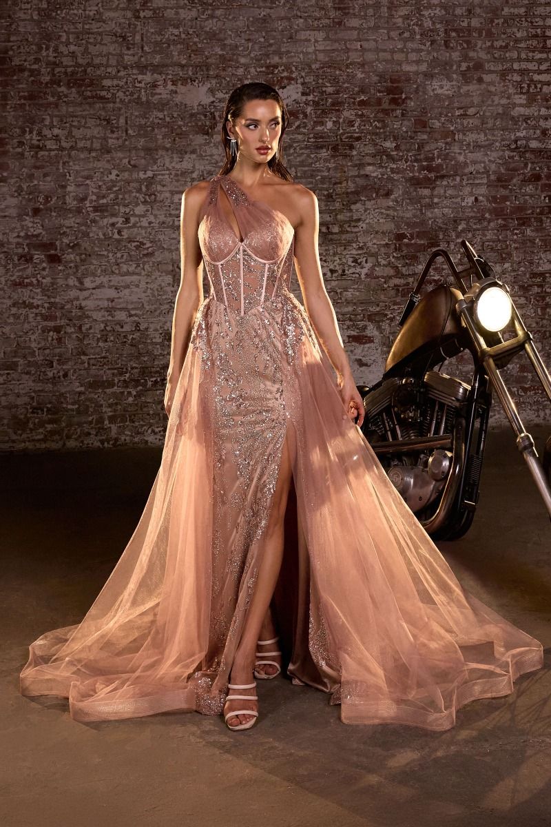 One Shoulder Glitter & Tulle Gown