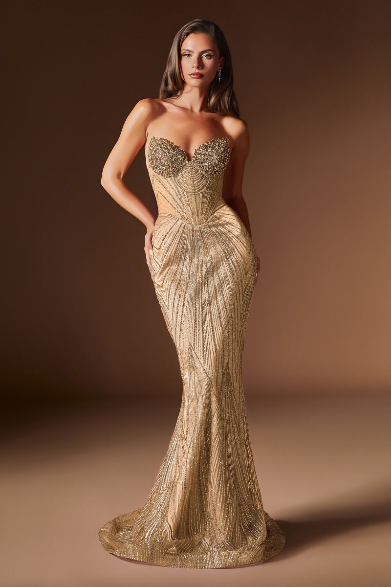 Fitted Dress Sweetheart Neckline Crystal Beaded Sheer Corset Bodice Sculpted Silhouette