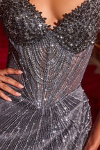 Fitted Dress Sweetheart Neckline Crystal Beaded Sheer Corset Bodice Sculpted Silhouette