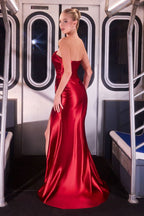 Asymmetric Strapless Satin Fitted Gown With High Slit