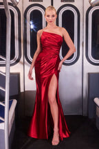 Asymmetric Strapless Satin Fitted Gown With High Slit