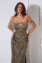 Off-Shoulder Beaded Gown with Crystal Fringe and Corset Back