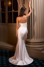 Fitted Satin Bridal Gown An Asymmetrical Strapless Neckline And A Pleated Bodice Sculpts The Silhouette