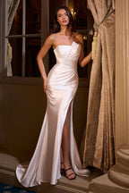 Fitted Satin Bridal Gown An Asymmetrical Strapless Neckline And A Pleated Bodice Sculpts The Silhouette