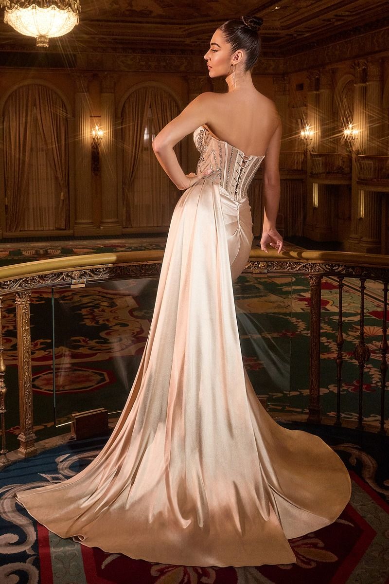 Crystal Beaded Sweetheart Satin Gown with Side Sash