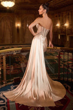 Crystal Beaded Sweetheart Satin Gown with Side Sash