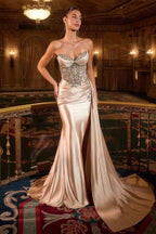 Crystal Beaded Sweetheart Satin Gown with Side Sash