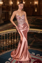 Strapless Soft Satin Refined Formal Gown w/ Beaded Corset Bodice & Leg Slit