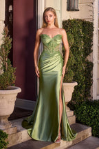 Strapless Soft Satin Refined Formal Gown w/ Beaded Corset Bodice & Leg Slit