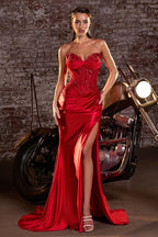 Strapless Soft Satin Refined Formal Gown w/ Beaded Corset Bodice & Leg Slit