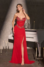Sweetheart Beaded Chiffon Gown with High Slit and Train