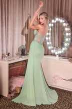 Sweetheart Beaded Chiffon Gown with High Slit and Train