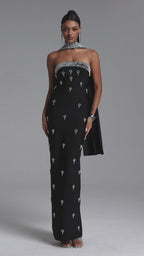 MAXI BLACK STRAPLESS DRESS WITH CRYSTALS AND A DECORATIVE SCARF
