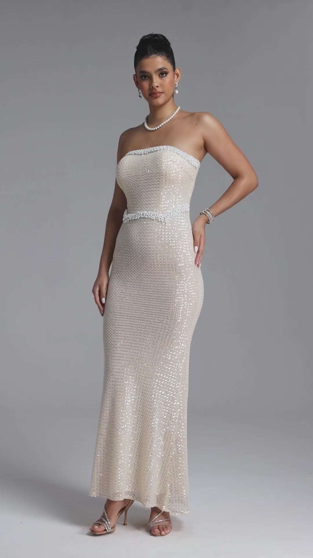 MAXI BEIGE STRAPLESS DRESS WITH PEARL FINISH AND SEQUINS