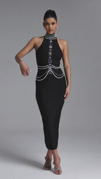 MAXI HALTER'S BLACK DRESS WITH CRYSTALS AND PEARL DECORATIONS