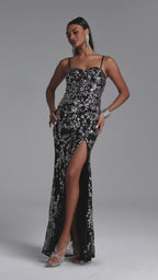 MAXI BLACK DRESS WITH SEQUINS, FLORAL PATTERN AND CUTOUT
