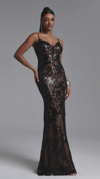 MAXI BLACK AND BEIGE DRESS WITH A SEQUINED PATTERN AND A DEEP DECIMAL