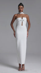 WHITE MAXI DRESS WITHOUT STRAPS WITH CUTOUT AND PEARL DETAIL