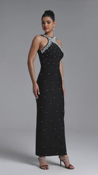 MAXI HALTER BLACK DRESS WITH PEARLS AND SHINY EMBELLISHMENTS