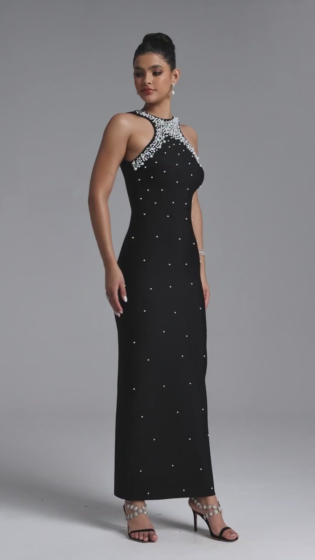 MAXI HALTER BLACK DRESS WITH PEARLS AND SHINY EMBELLISHMENTS