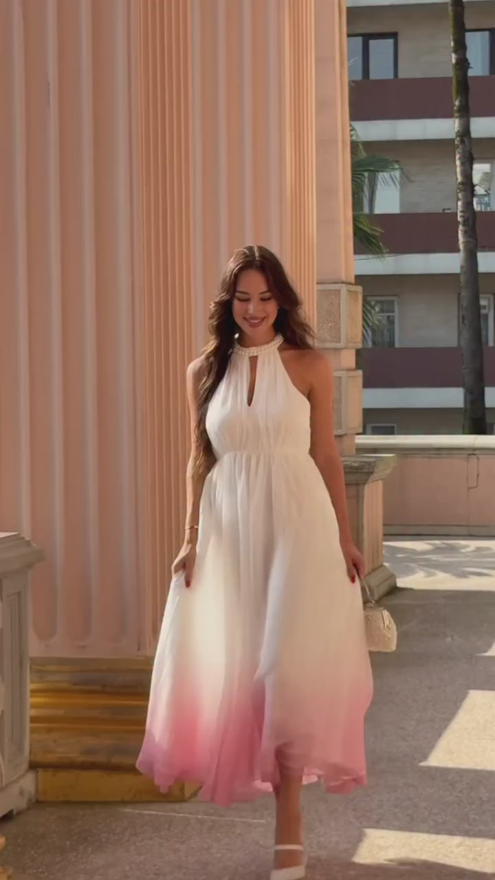 SUKIENKA MAXI RÓŻOWA OMBRE HALTER SZYFONOWA PEREŁKI ELEGANCKA