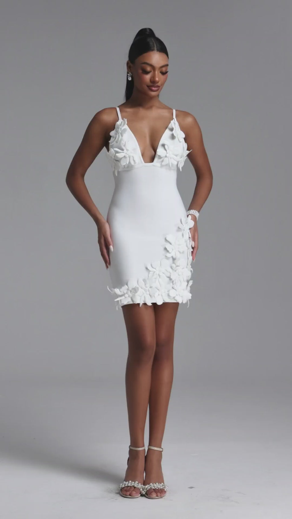WHITE MINI DRESS WITH DEEP DECIMAL AND FLORAL APPS