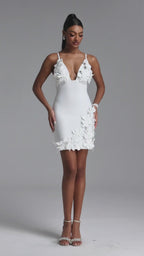 WHITE MINI DRESS WITH DEEP DECIMAL AND FLORAL APPS