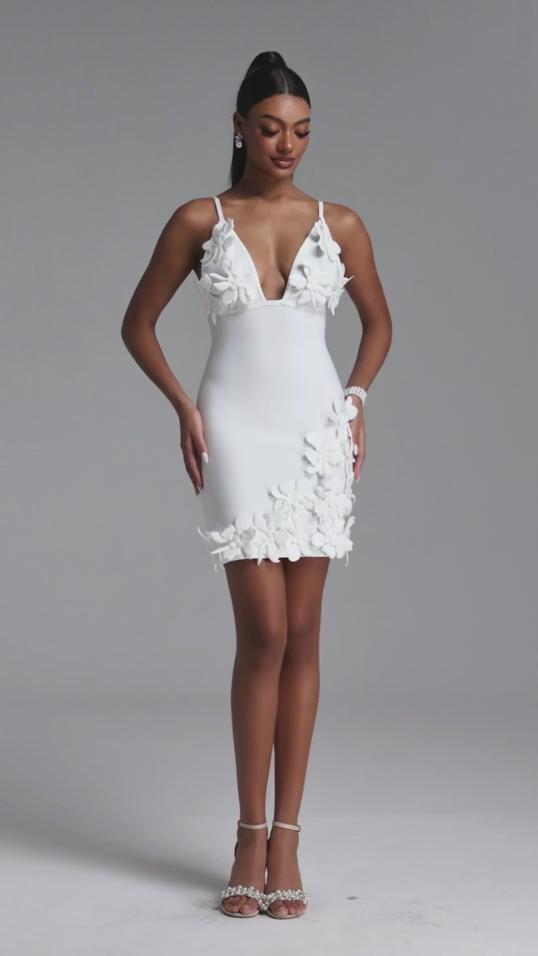 WHITE MINI DRESS WITH DEEP DECIMAL AND FLORAL APPS