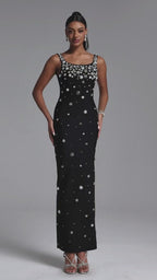 MAXI BLACK DRESS WITH CRYSTAL DECORATIONS AND JEWELRY STRAPS