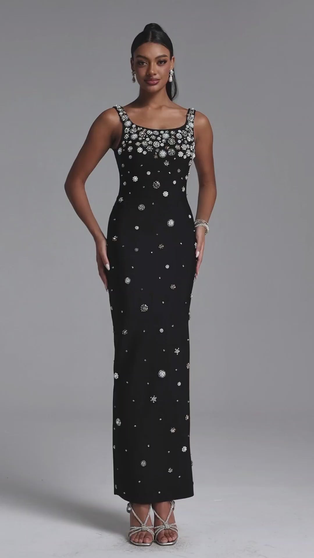 MAXI BLACK DRESS WITH CRYSTAL DECORATIONS AND JEWELRY STRAPS