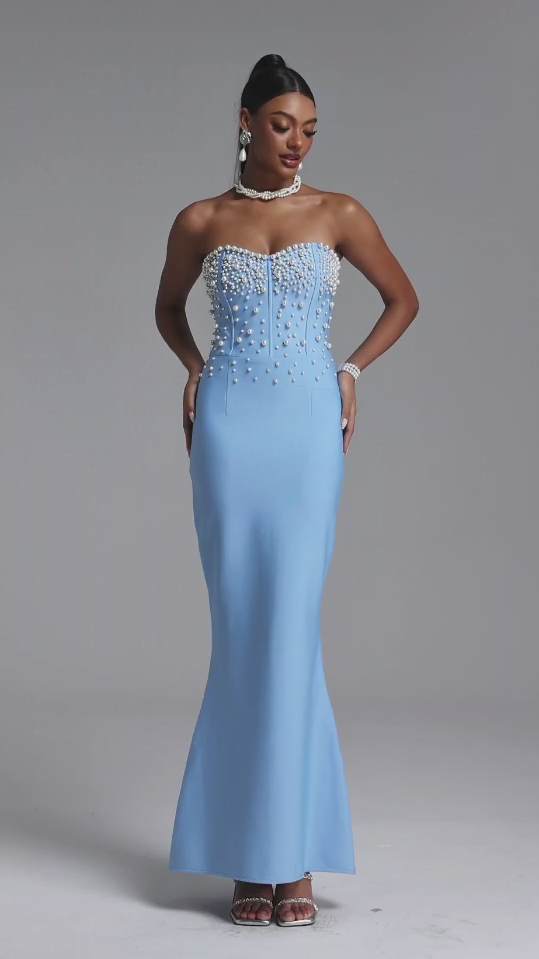 BLUE MAXI STRAPLESS DRESS WITH PEARLY ADORNMENTS