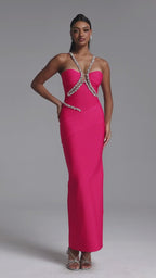 MAXI'S FAUX DRESS WITH DECORATIVE CRYSTALS AND A HALTER DECLOT