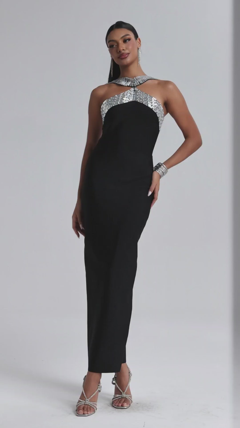 MAXI BLACK DRESS WITH DECORATIVE DECIMAL HATTER AND CRYSTALS