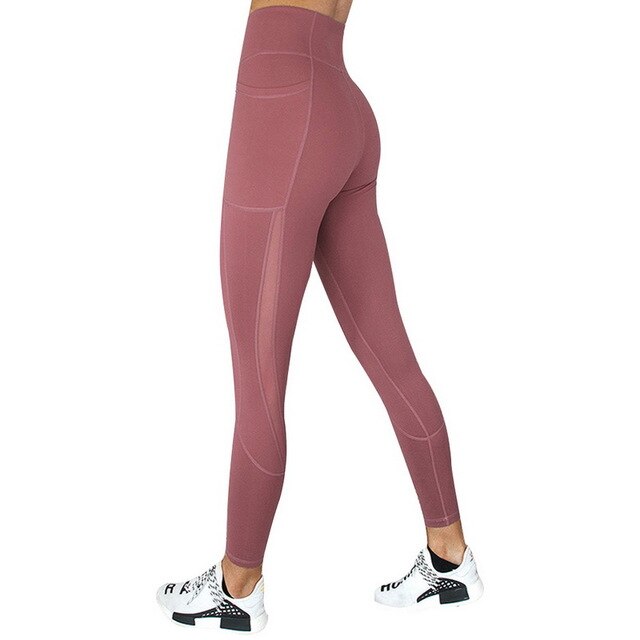Full Length Workout Leggings With Pocket Women High Waist Mesh Patchwork Yoga Pants Fitness Gym Exercise Sport Pants-5