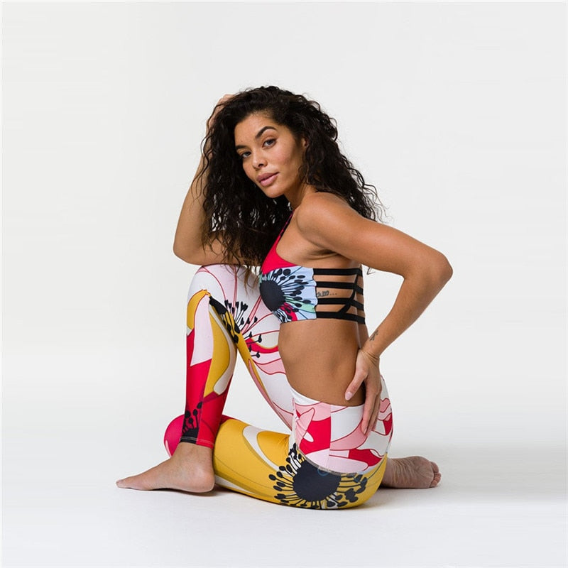 Floral Woman Sportwear Yoga Set Seamless Gym Suit Crop Top Bra Elastic High Waist Yoga Pant Leggings Outfit Fitness Clothing