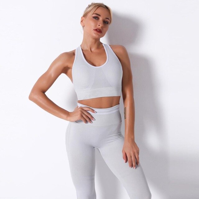Seamless Striped Leggings Pants And Bra Top Yoga Tracksuit Fashion Work Out Fitness Running Sports Two Piece Set For Women