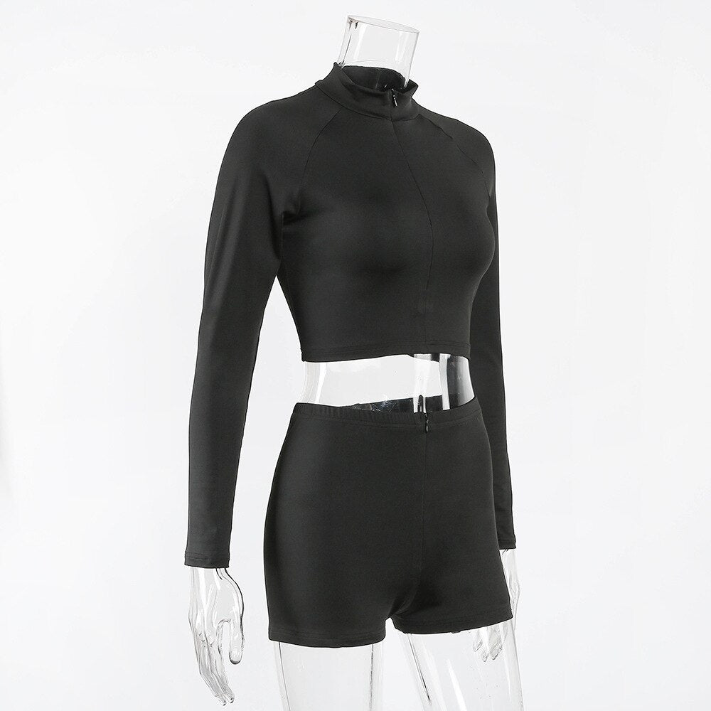 Seamless Black Yoga Set Women Gym Clothes Fashion Long Sleeve Zipper Crop Top Shorts Suit Push Up Workout Training Tracksuit-3