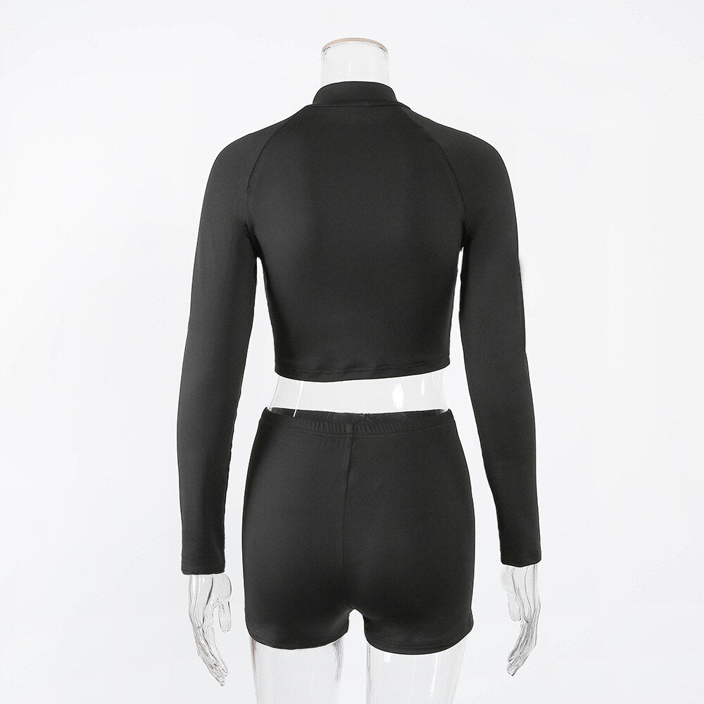 Seamless Black Yoga Set Women Gym Clothes Fashion Long Sleeve Zipper Crop Top Shorts Suit Push Up Workout Training Tracksuit-2