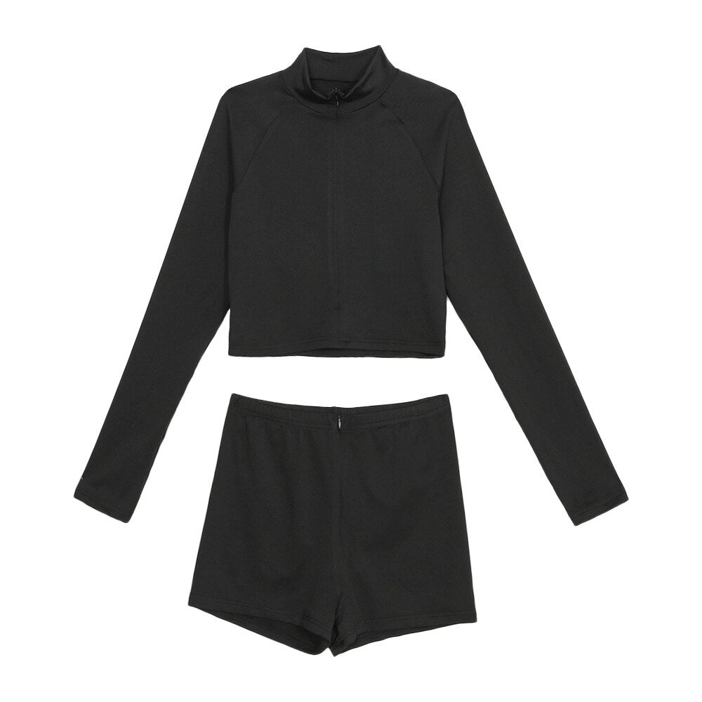 Seamless Black Yoga Set Women Gym Clothes Fashion Long Sleeve Zipper Crop Top Shorts Suit Push Up Workout Training Tracksuit-4