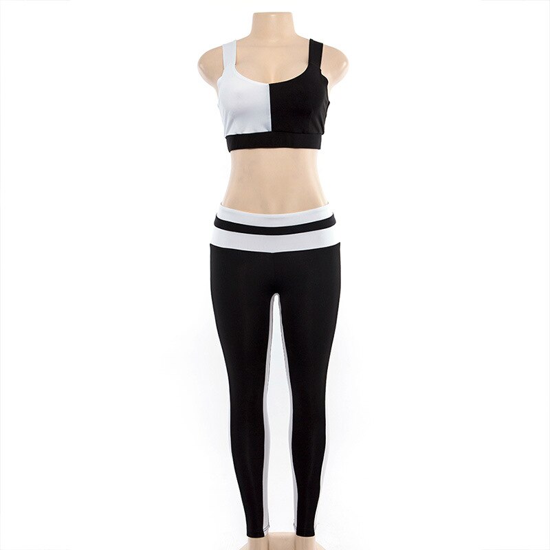 Patchwork Fitness Yoga Sportswear Set For Women Crop Top Leggings Pants Suit Gym Fitness Jogging Slim Tracksuit Outfits Clothing