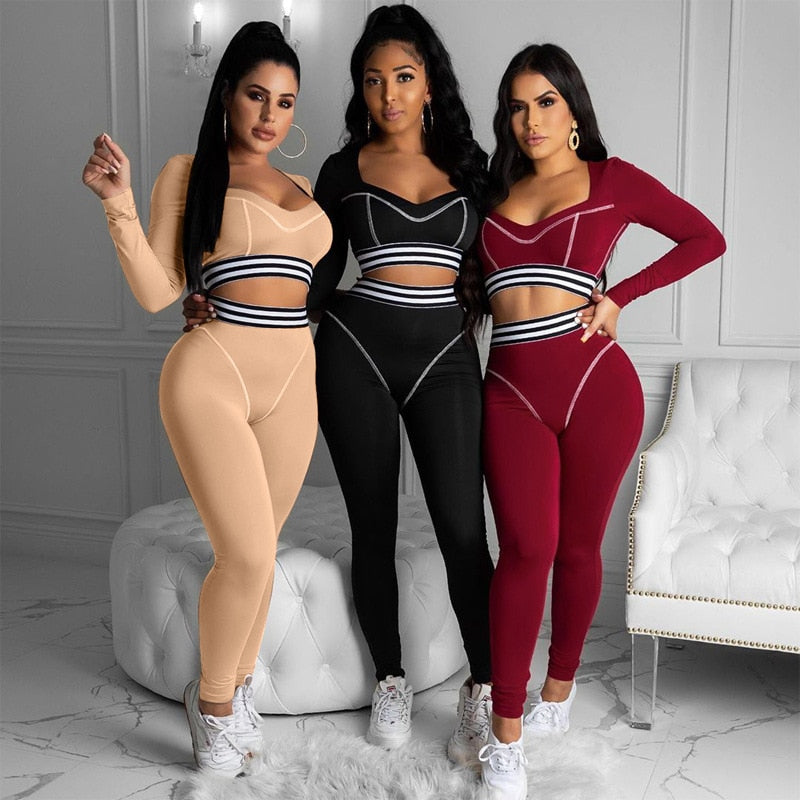 Striped Patchwork Sportswear Yoga Set Autumn Workout Gym Fitness Tracksuit Long Sleeve Crop Top High Elastics Leggings 2 PCS-0