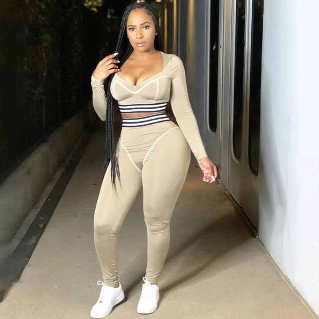 Striped Patchwork Sportswear Yoga Set Autumn Workout Gym Fitness Tracksuit Long Sleeve Crop Top High Elastics Leggings 2 PCS-2