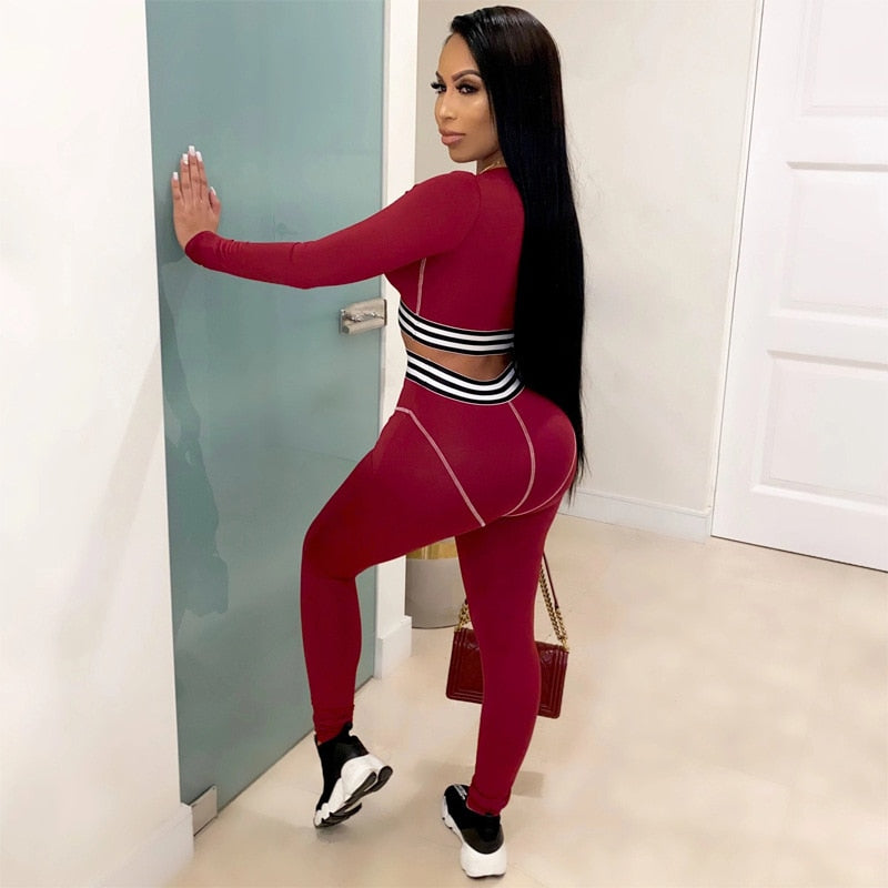 Striped Patchwork Sportswear Yoga Set Autumn Workout Gym Fitness Tracksuit Long Sleeve Crop Top High Elastics Leggings 2 PCS-1